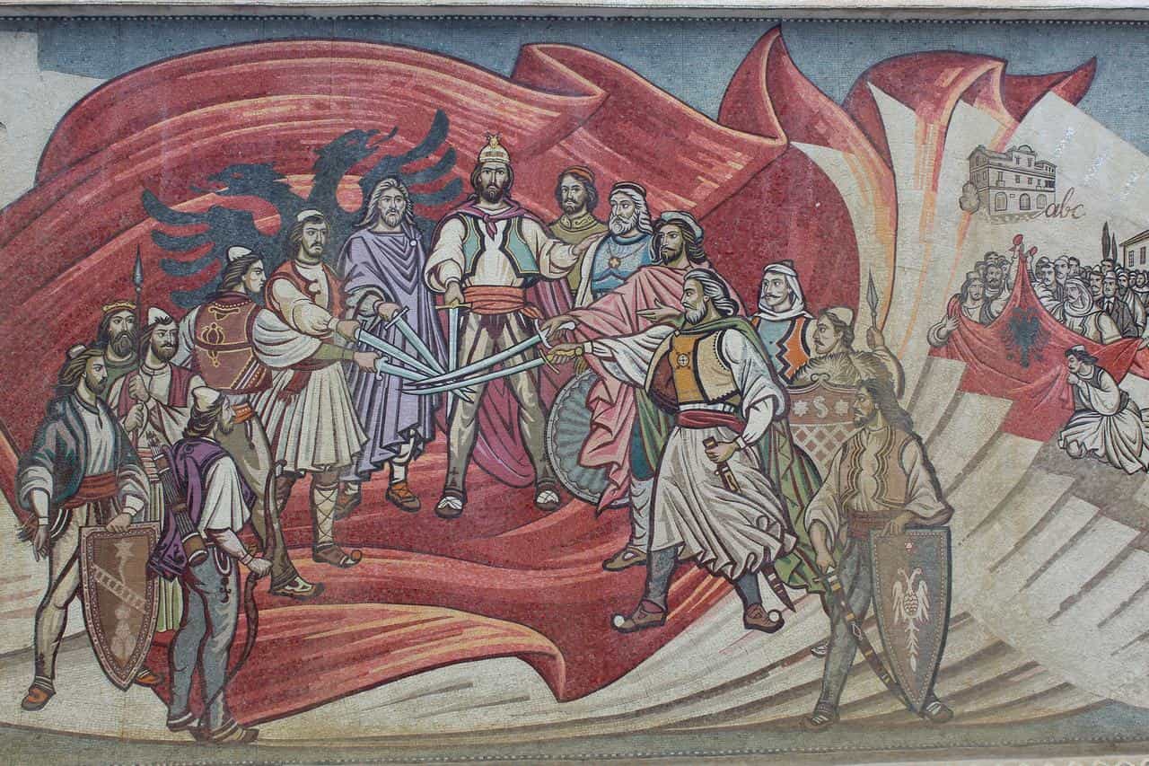 Mural albanés en Skopje. Mural albanés en Skopje.